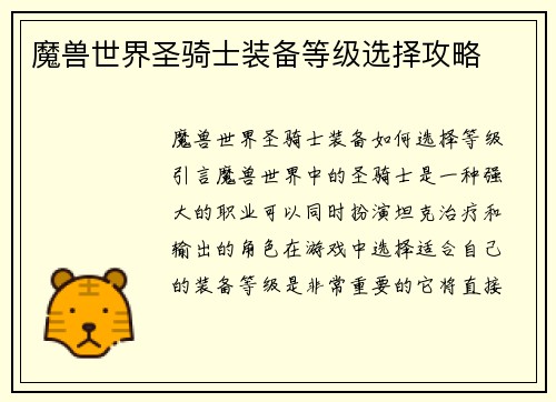 魔兽世界圣骑士装备等级选择攻略